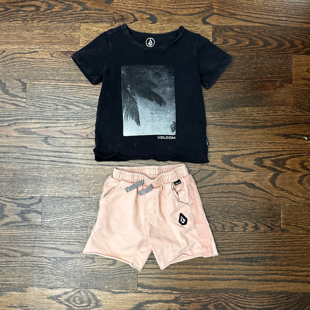 Volcom Black Graphic Tee and Light Pink Shorts